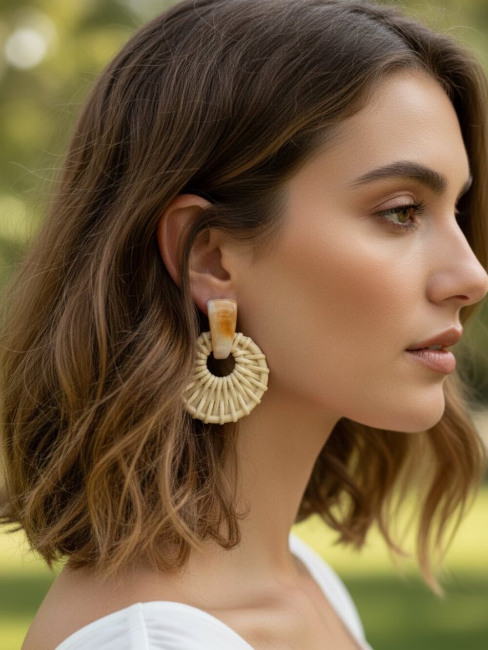 NEW Beige Textured Woven Round Doorknocker Stud Fashion Earrings Boho Cottage